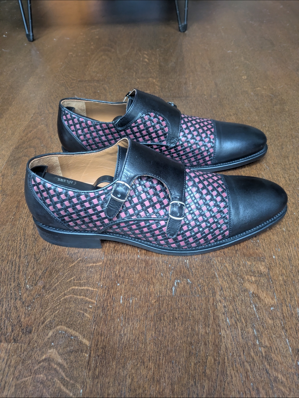 Taft Black and Burgundy Double Monk Woven Leather Shoes